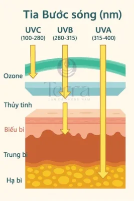 Sự khác biệt giữa tia UVA, UVB và UVC đối với da.