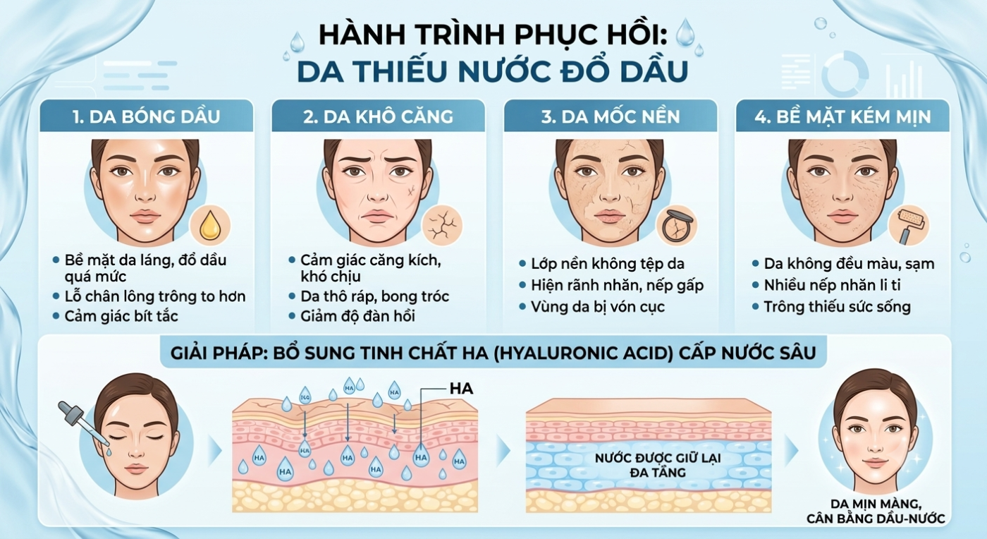 Da thiếu nước đổ dầu cần tinh chất HA cấp nước để hỗ trợ cân bằng độ ẩm